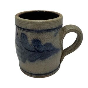 VTG 1982 Rowe Pottery Works Stoneware Mug Salt Glazed Fern Cobalt Blue Wisconsin